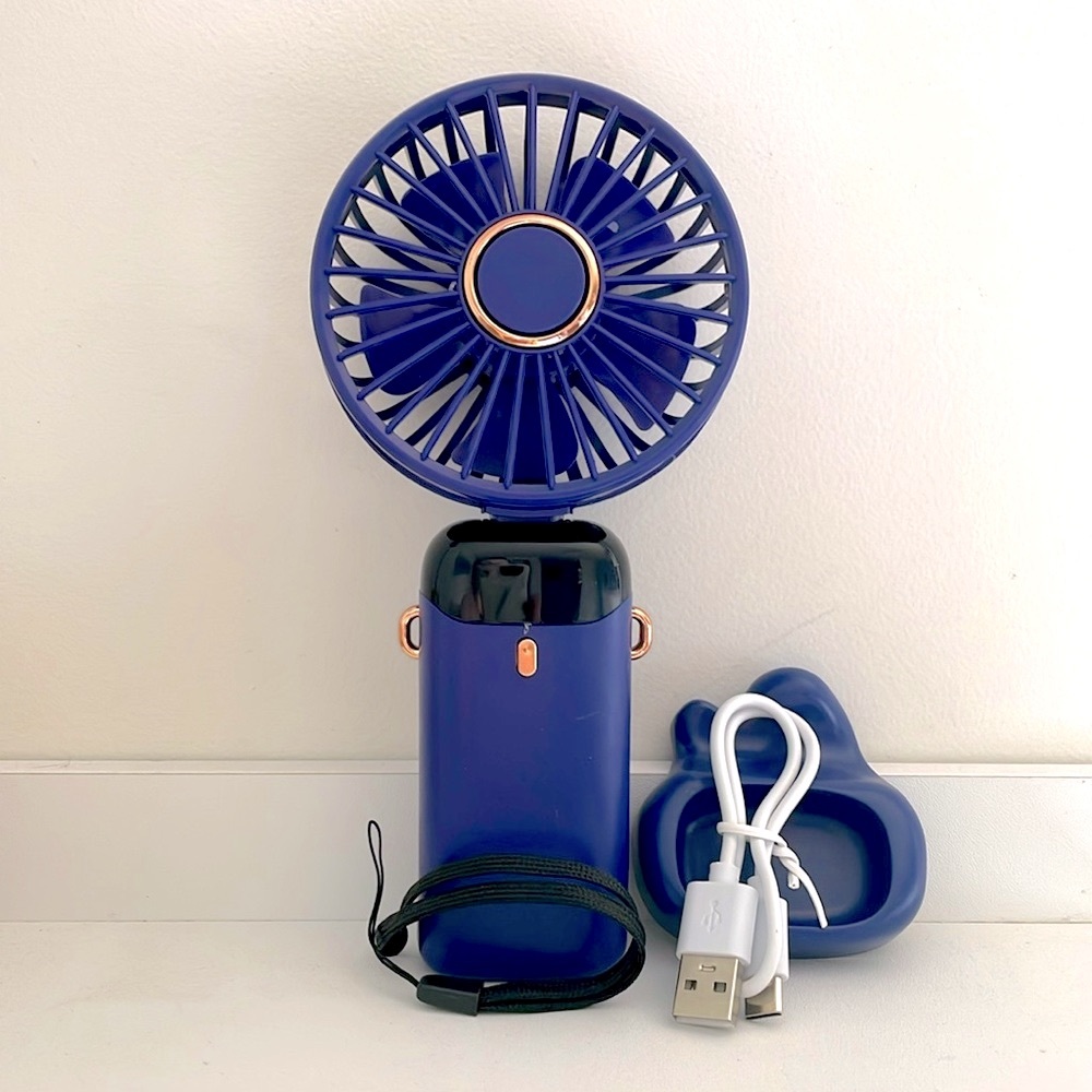 NIB Hand held or desk fan 8” foldable rechargeable USB LED display power NWT